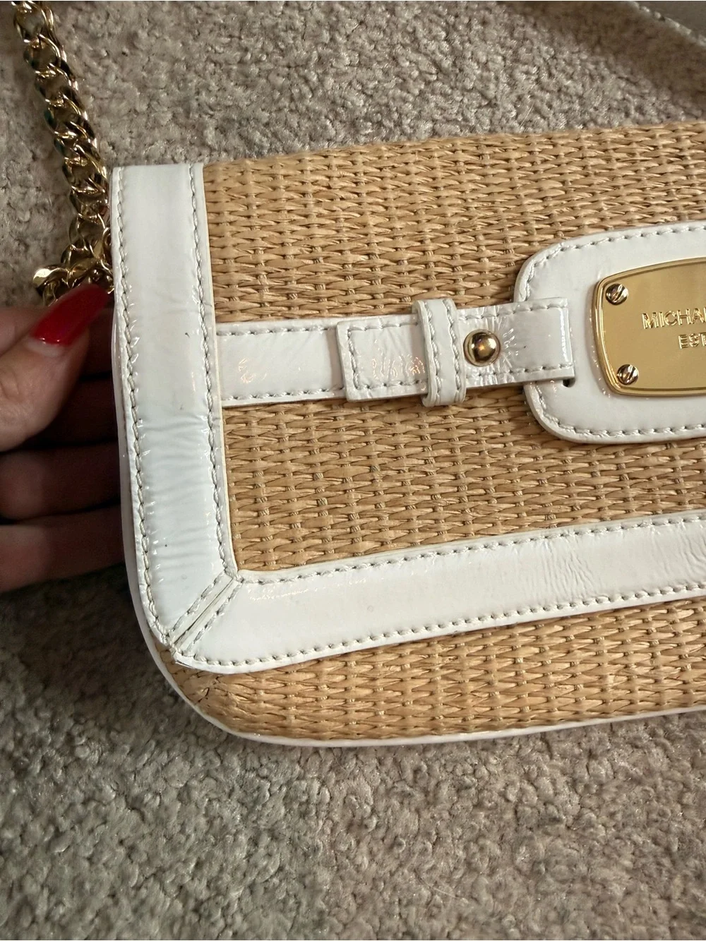 Michael Kors Natural Straw Shoulder Bag with White Trim & Gold Chain